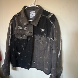 White Birch Two-Tone Star Print Distressed Denim Jacket - Black & Gray